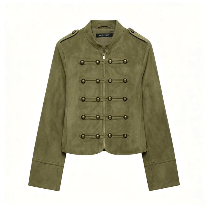 Damen Kurzjacke im Militärstil aus Veloursimitat mit Stehkragen, Epauletten und dekorativer Zierknopfleiste Echoarchiv