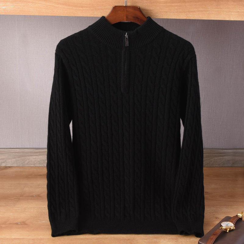 Herren Zopfmuster-Halbzip-Pullover aus weichem Wollmix mit Stehkragen Echoarchiv