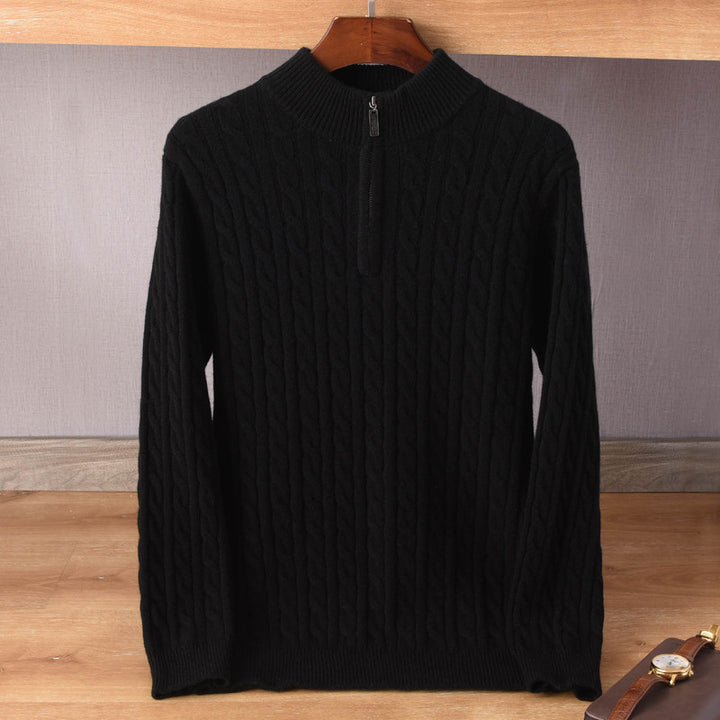 Herren Zopfmuster-Halbzip-Pullover aus weichem Wollmix mit Stehkragen Echoarchiv