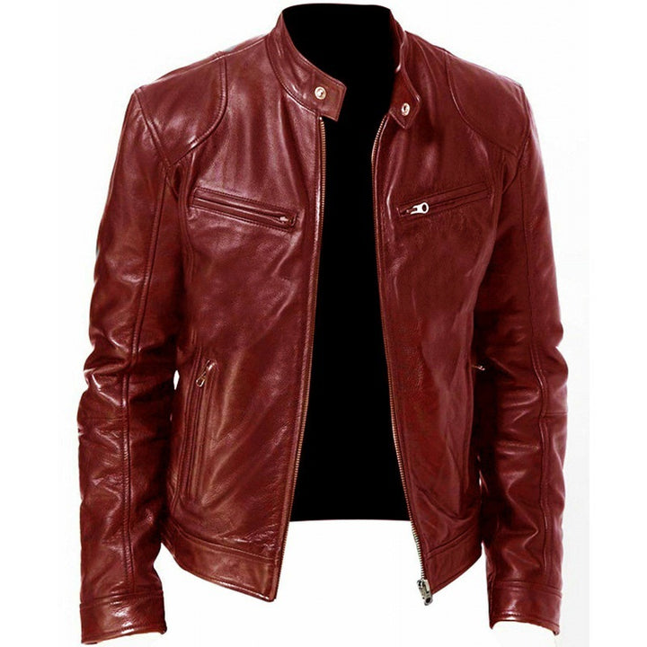 Herren nan schlanke Echtleder-Bikerjacke mit Stehkragen, zwei Brust-Reißverschlusstaschen und geradliniger Silhouette Echo Archiv