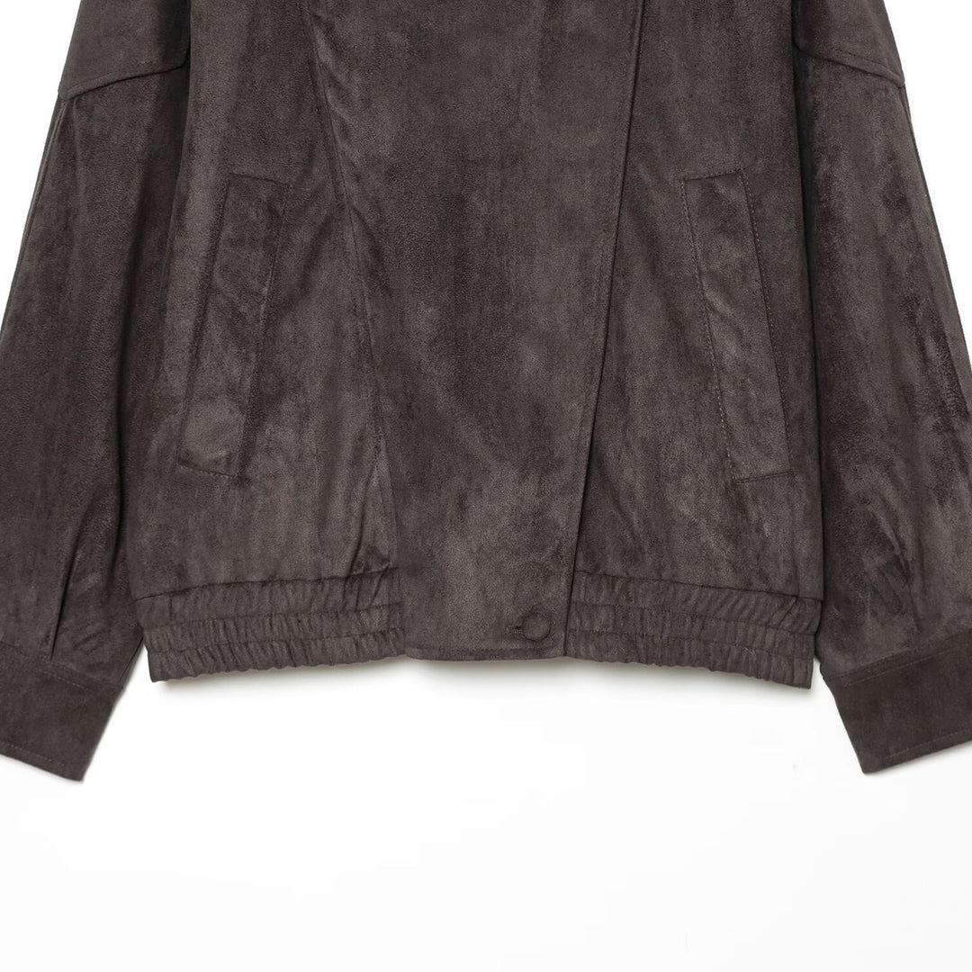 Damen Oversized Wildlederoptik Bomberjacke mit hohem Stehkragen, Schulterriegeln und elastischem Saum Echoarchiv