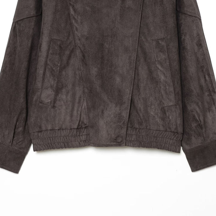 Damen Oversized Wildlederoptik Bomberjacke mit hohem Stehkragen, Schulterriegeln und elastischem Saum Echoarchiv