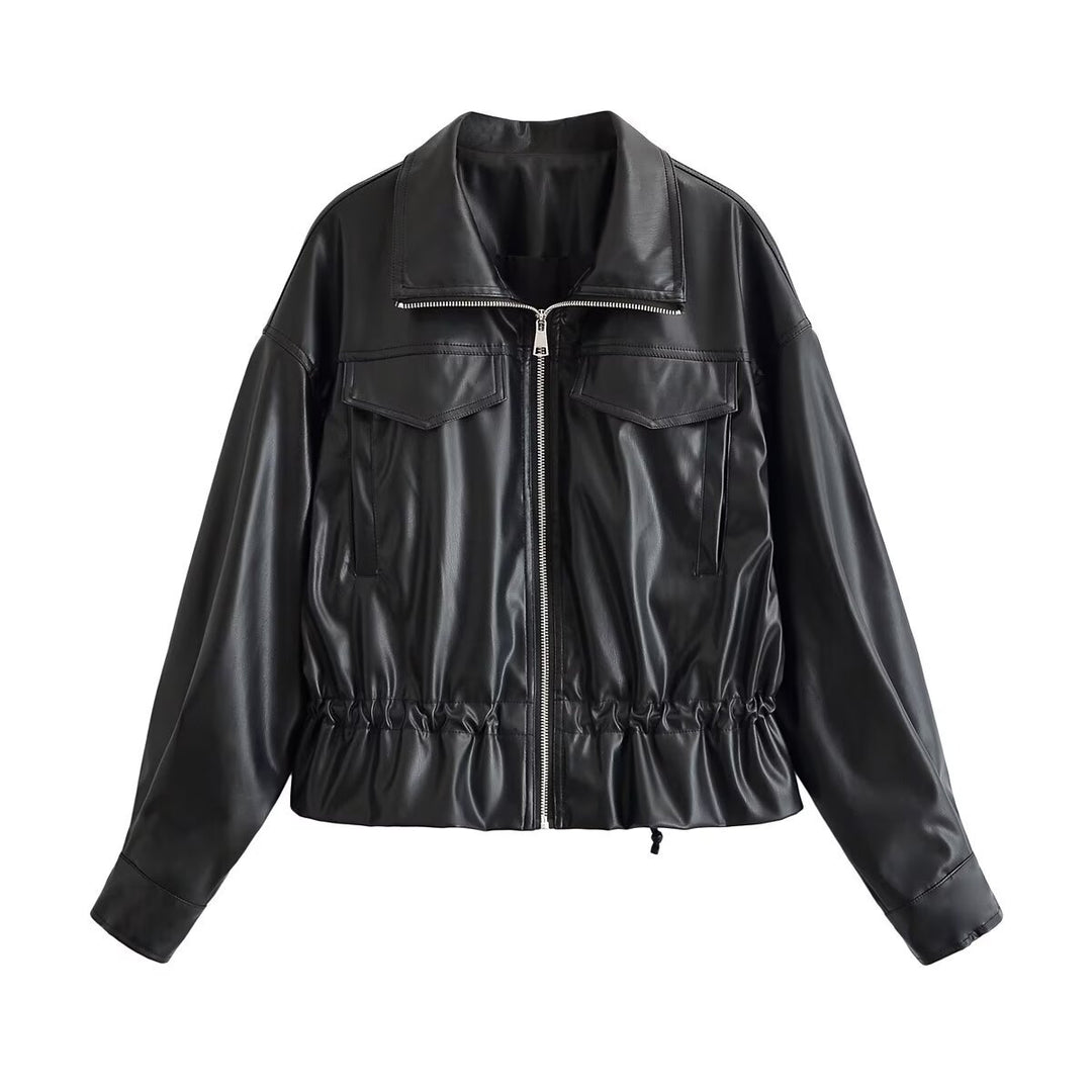 Damen Kurzjacke aus veganem Leder mit Tunnelzug und aufgesetzten Brusttaschen Echo Archiv