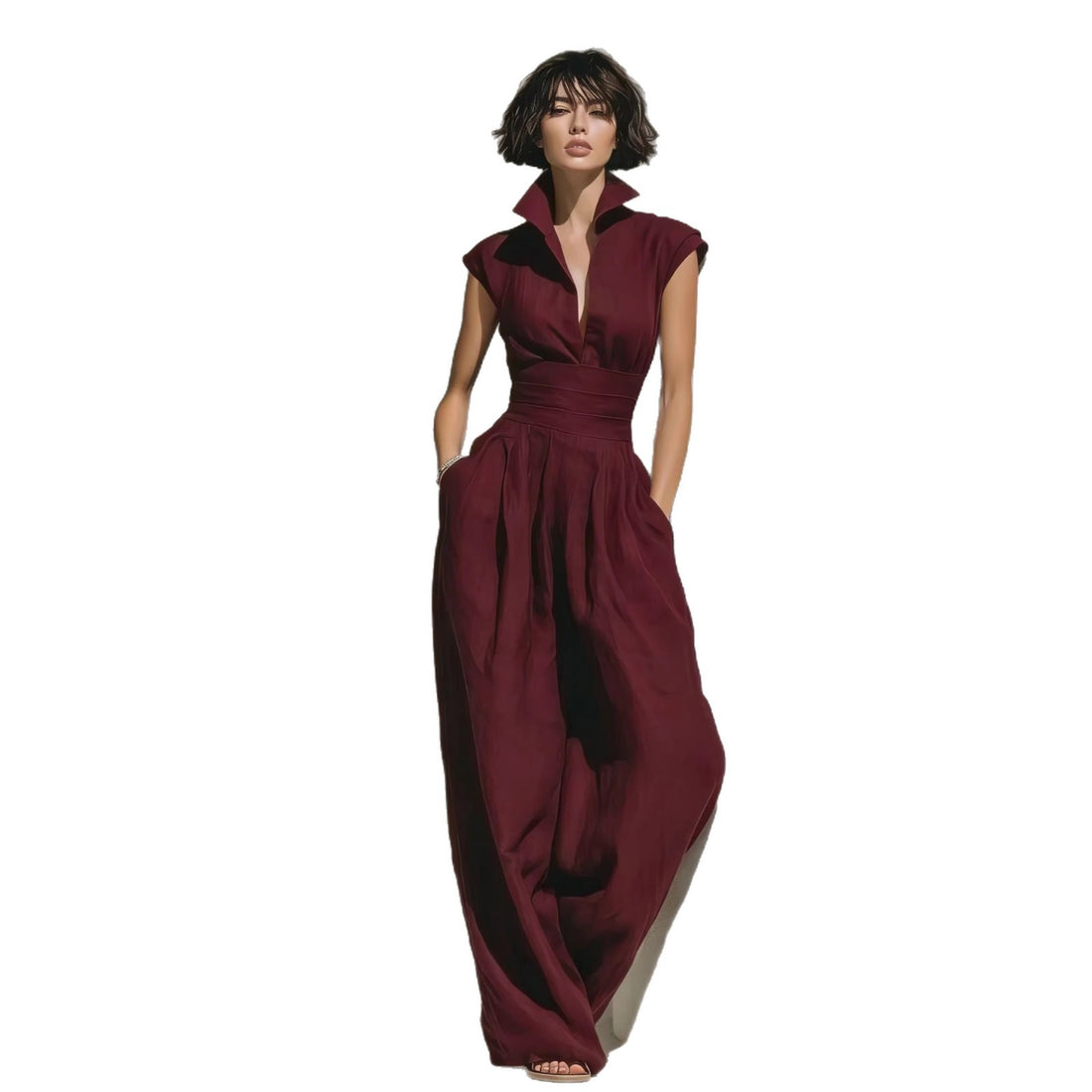 Damen Jumpsuit mit weitem Bein, tailliertem Wickelbund und Stehkragen Echoarchiv