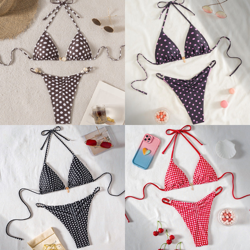 Damen Triangel-Bikini mit modischem Punktedesign und goldener Verschlussdetails Echo Archiv