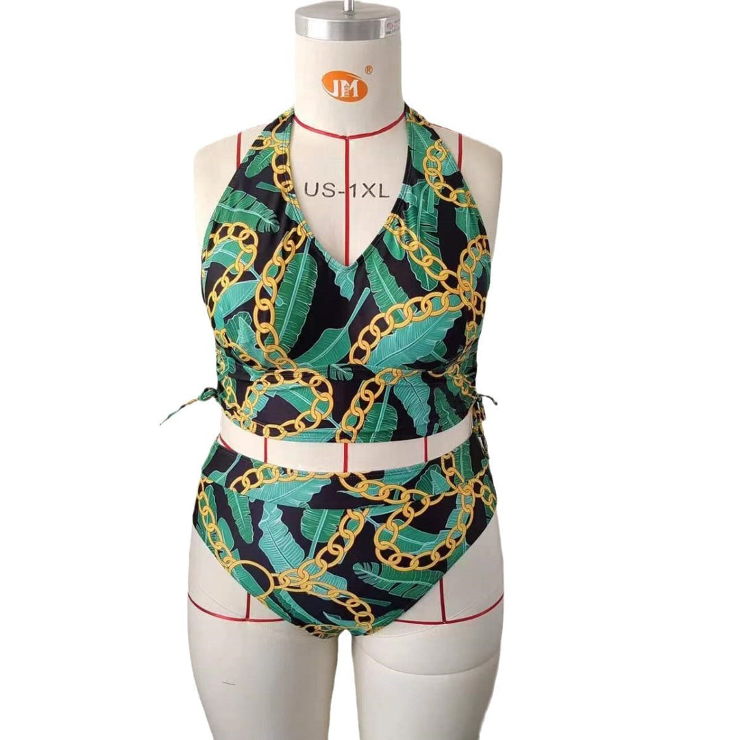 Damen High-Waist Bikini-Set mit modernem Palmendruck Echo Archiv