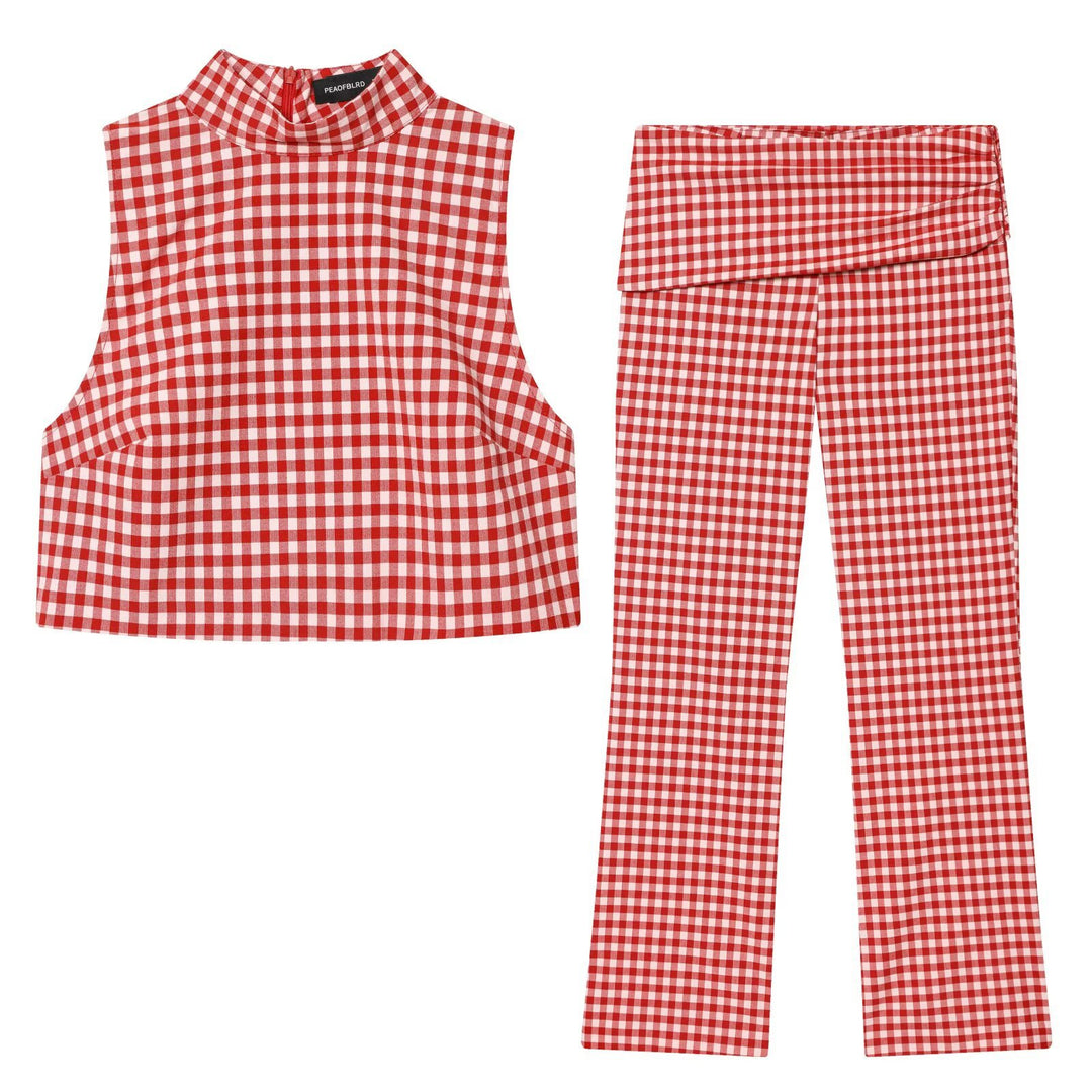 Damen Highwaist Karierte Hose mit Umschlagbund und weitem Bein Echo Archiv