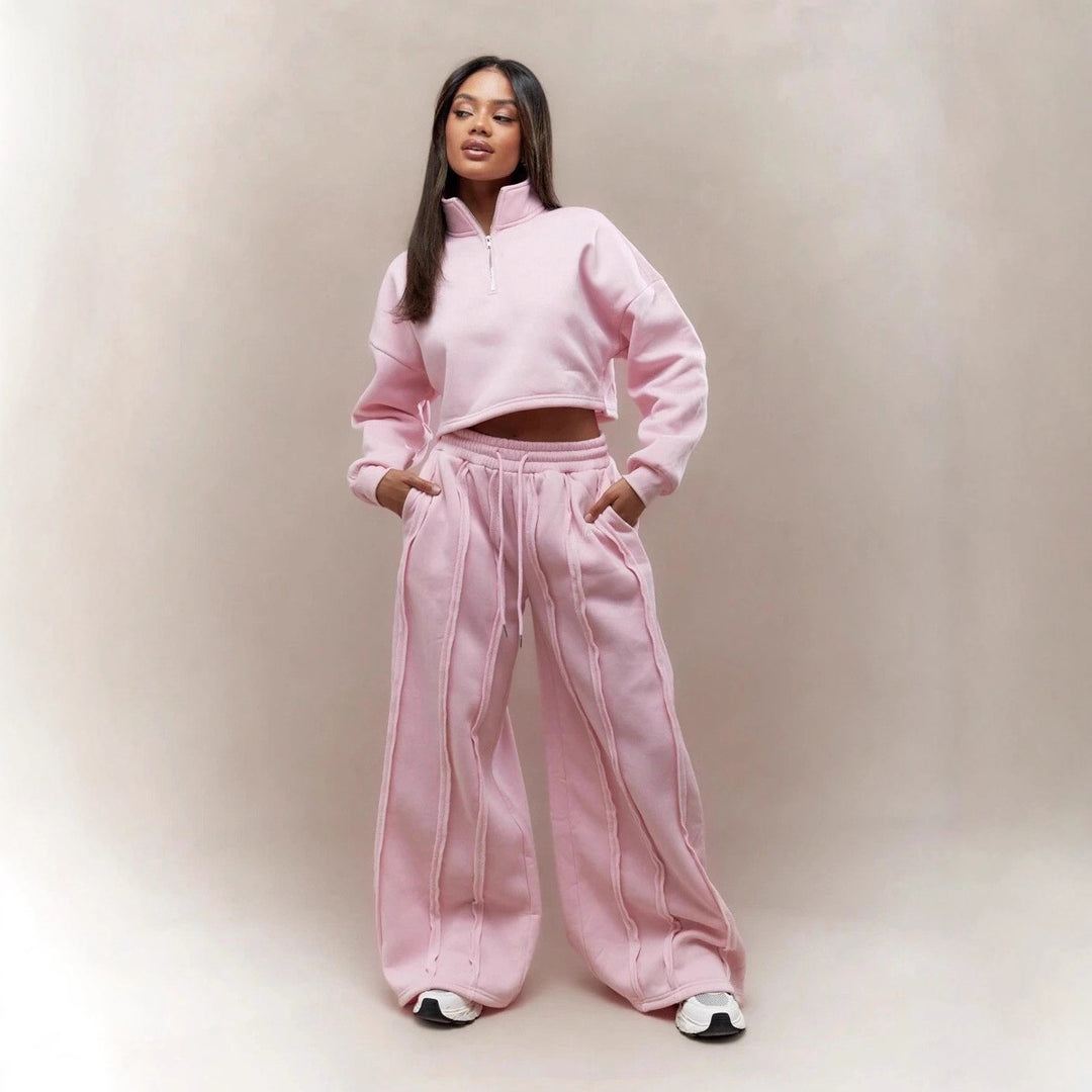 Damen Crop-Halbzip-Sweatshirt und High-Waist Wide-Leg Loungehose Set mit sichtbaren Naht-Details – Avérine
