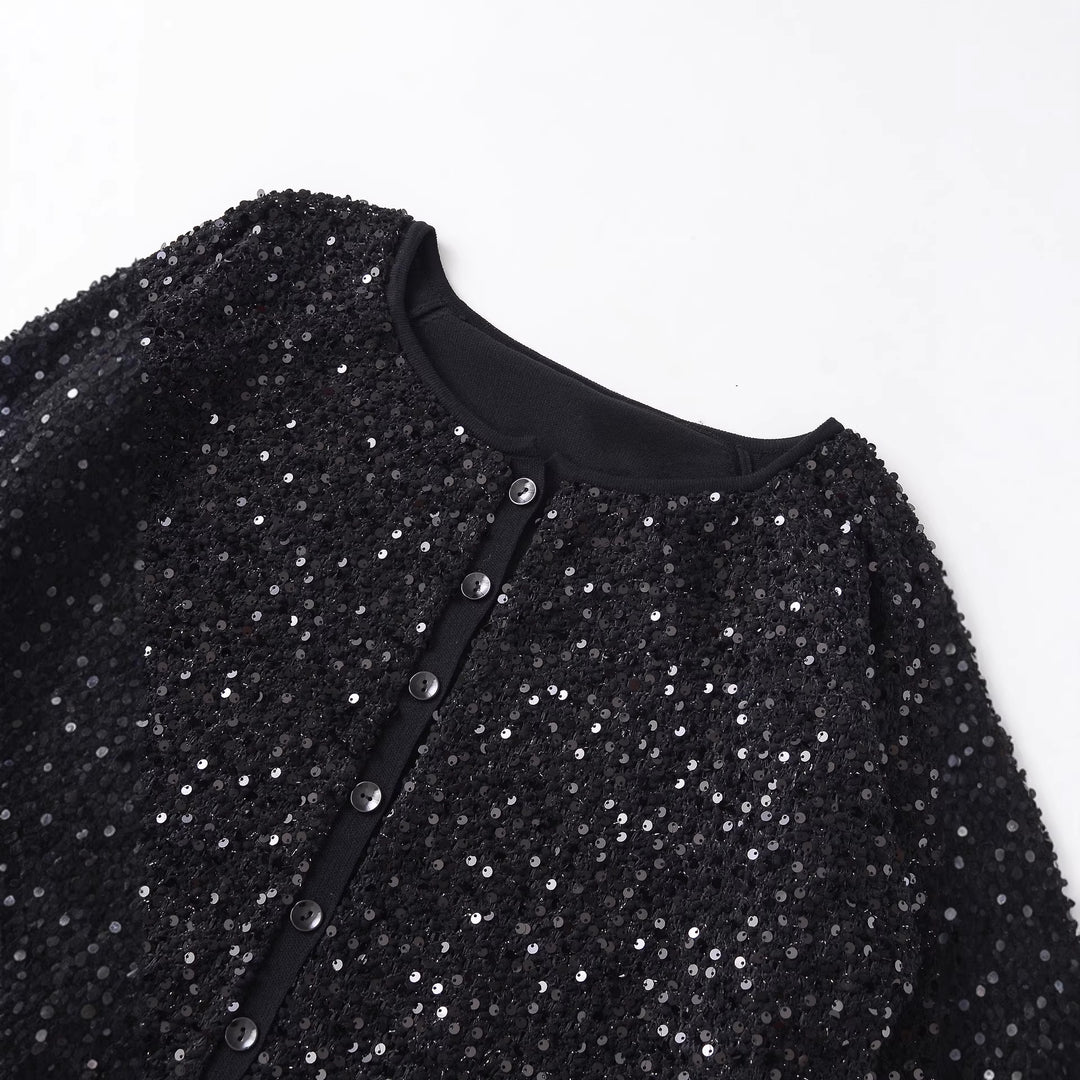 Damen Pailletten-Strickjacke mit Rundhalsausschnitt und dezenter Knopfleiste – Veloura