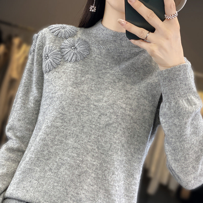 Damen Weicher Feinstrickpullover mit kurzem Stehkragen, 3D‑Blütenapplikation und gerippten Bündchen Echoarchiv