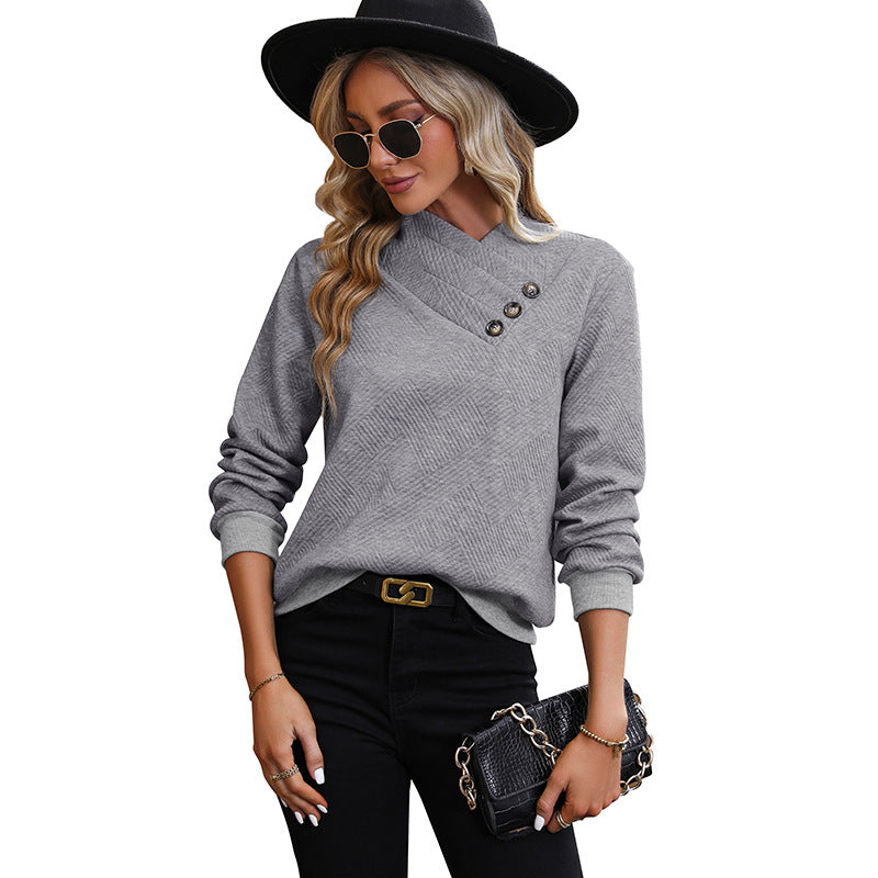 Damen Eleganter Langarmpullover mit schrägem Halsausschnitt und Knopfdetails Echo Archiv