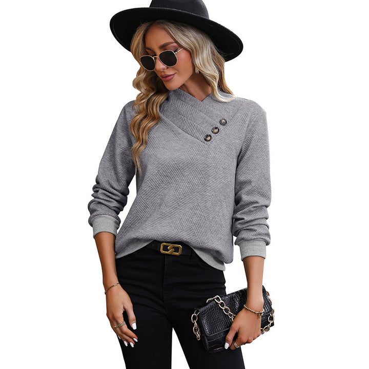 Damen Eleganter Langarmpullover mit schrägem Halsausschnitt und Knopfdetails Echo Archiv