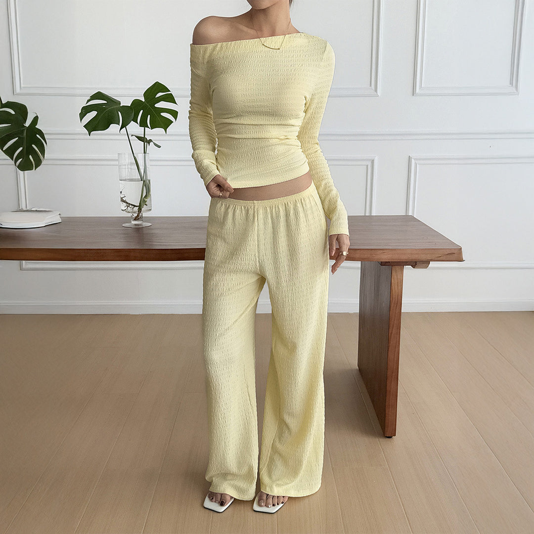 Damen nan legeres Crinkle-Lounge-Set mit Off-Shoulder Crop-Top und weiten High-Waist Palazzohose Echo Archiv