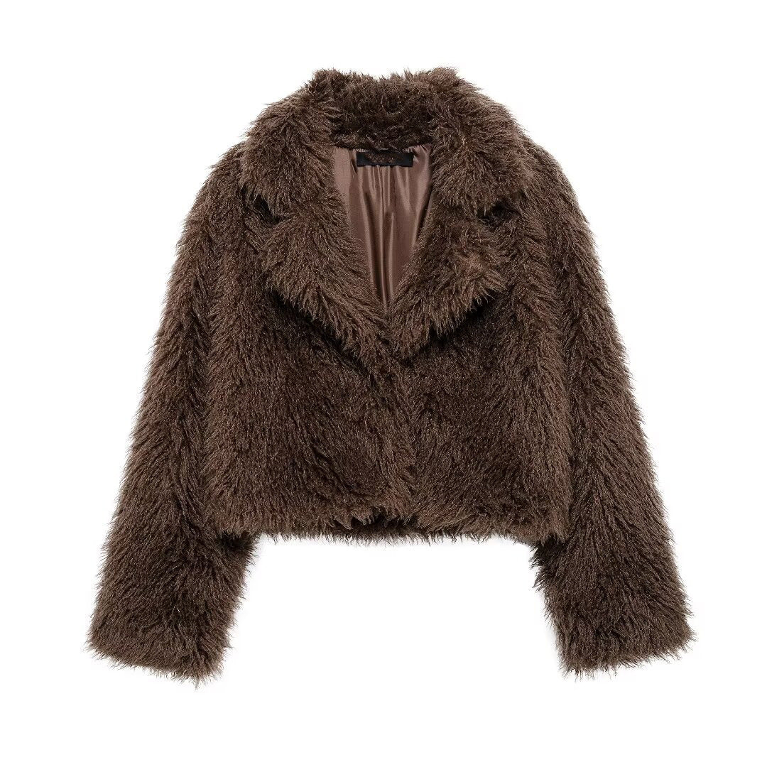 Damen Kurze Boxy-Plüschjacke im Shaggy-Look mit fallendem Revers Echo Archiv