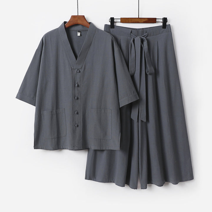 Damen Zweiteiliges Kimono-Lounge-Set mit Kurzarm-Knopfjacke, aufgesetzten Taschen und weiten Palazzo-Hosen Echoarchiv