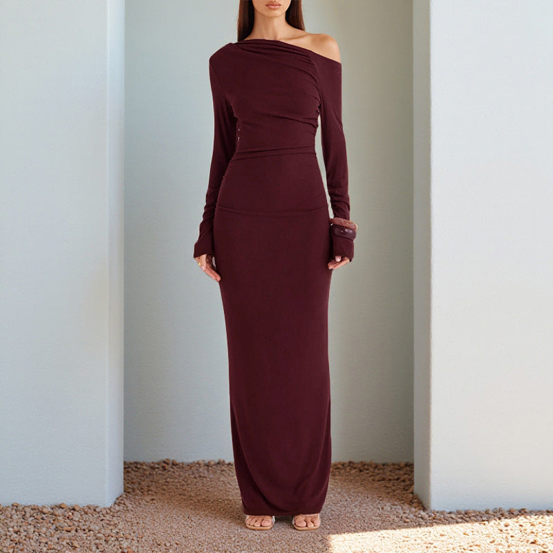 Damen One-Shoulder Abend-Maxikleid mit langem Arm und taillierter Drapierung – Avérine