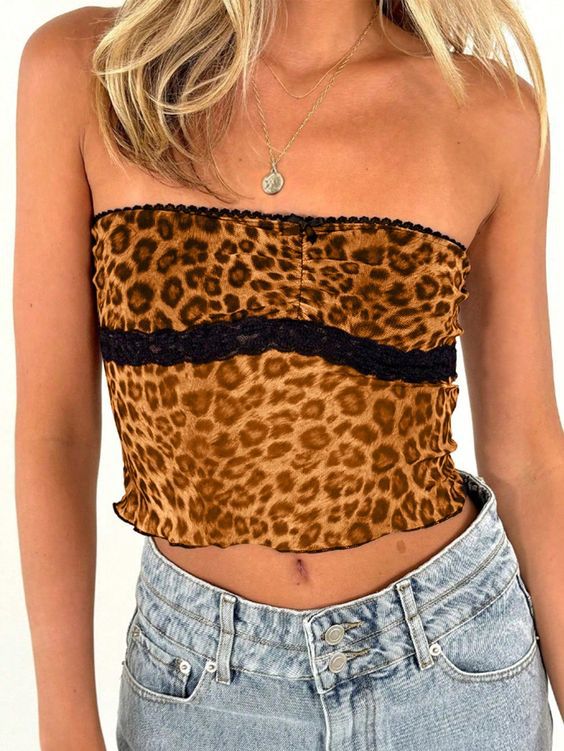 Damen Bandeau-Top mit trendigem Leopardenmuster und zarter Spitzenkante Echo Archiv