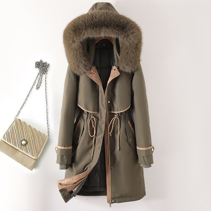 Damen nan langer Parka mit Kunstfellkapuze Taillenzug und kontrastierten Paspeln Echo Archiv