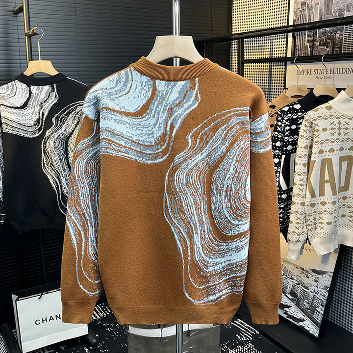 Herren Grobgestrickter Rundhalspullover mit abstraktem Marmor-Jacquard Echoarchiv