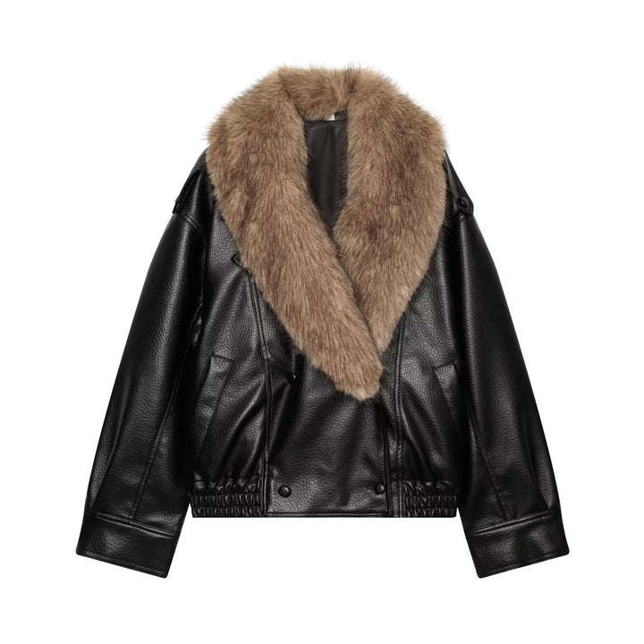 Damen Kurz geschnittene Biker-Lederjacke mit voluminösem Kunstpelz-Schalkragen Echo Archiv