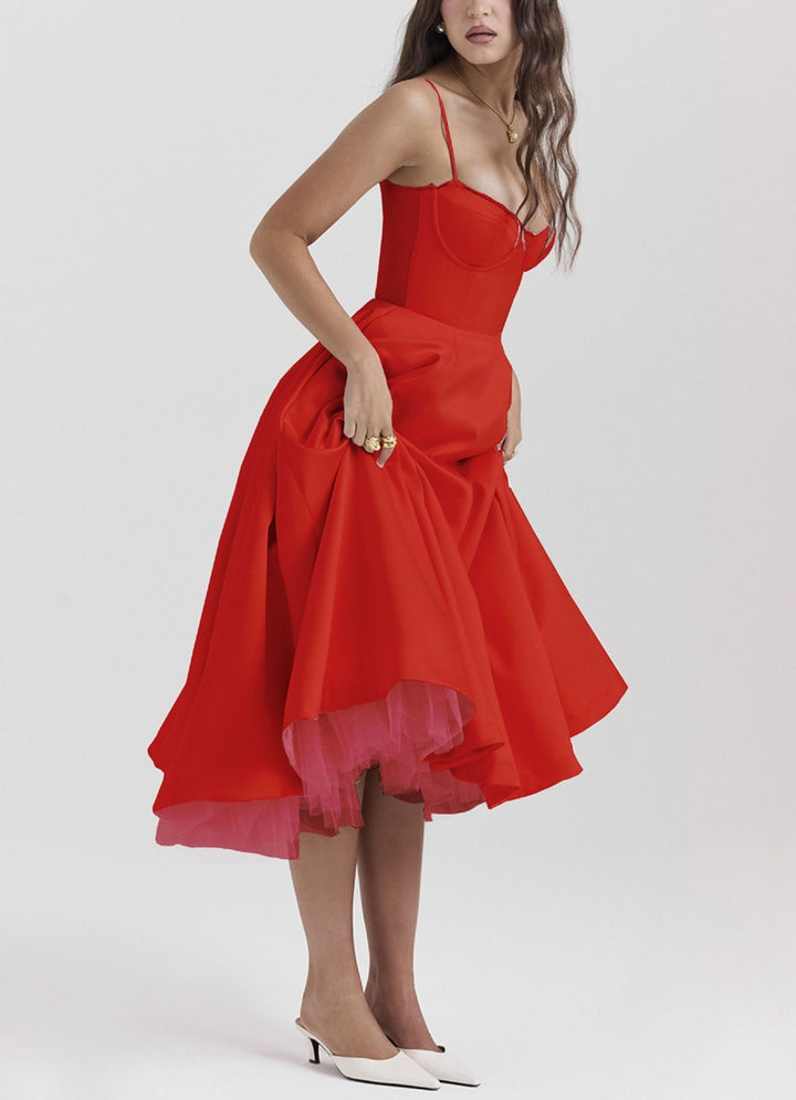Damen nan tailliertes retro-inspiriertes Midikleid mit Korsage Unterbrustnähten Tellerrock und Eingrifftaschen Echo Archiv