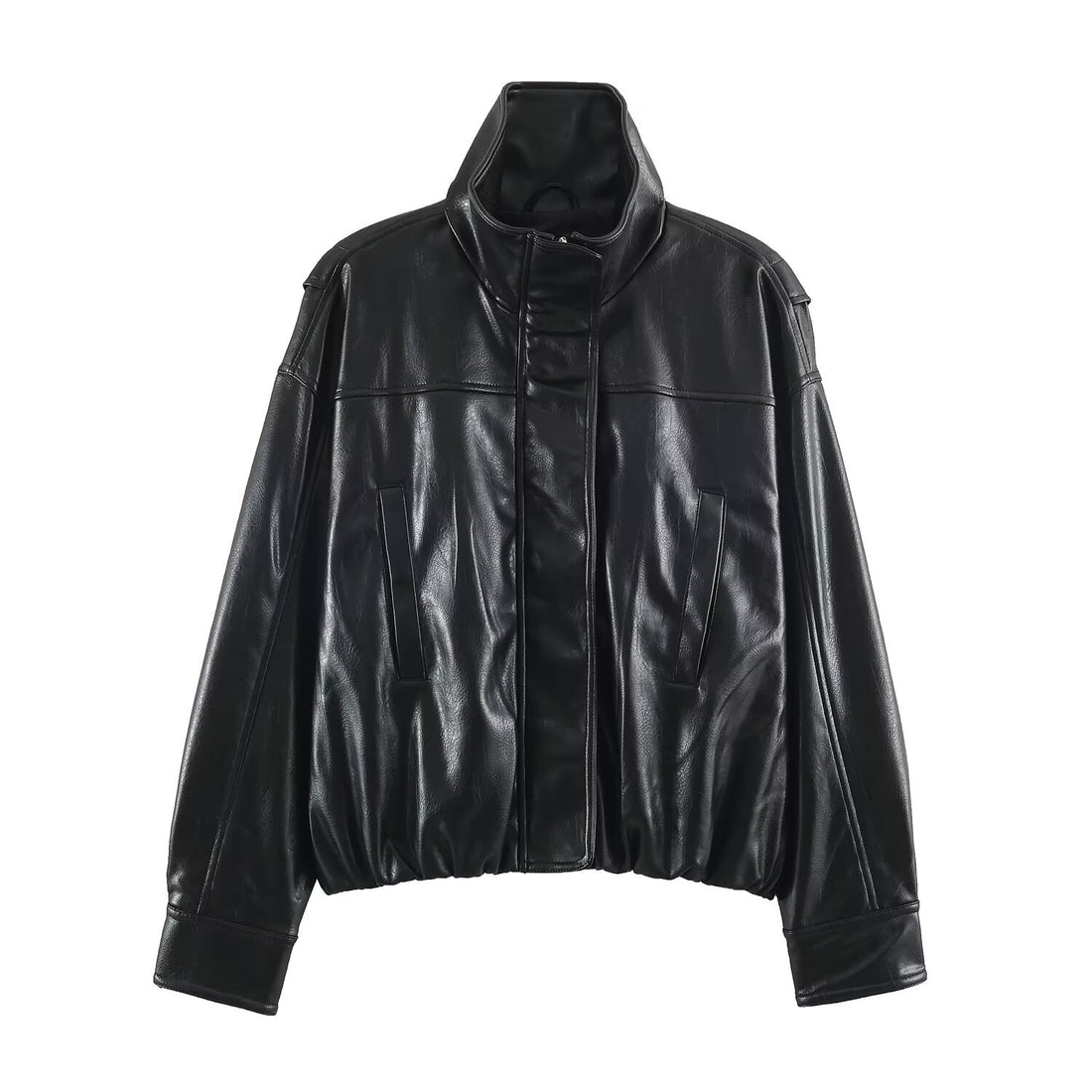 Damen Oversize Lederoptik-Blousonjacke mit Stehkragen und elastischem Saum Echoarchiv