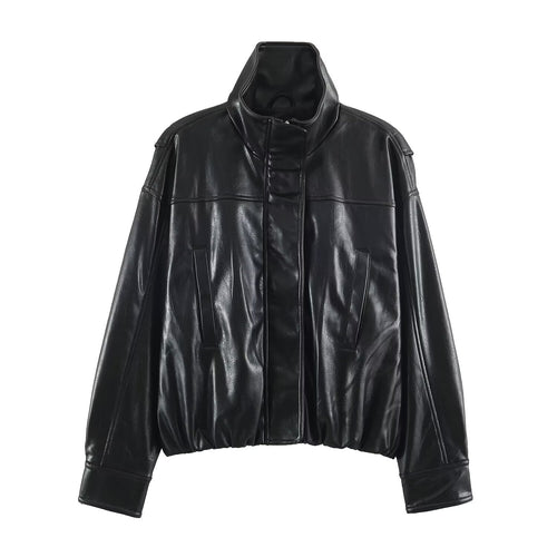 Damen Oversize Lederoptik-Blousonjacke mit Stehkragen und elastischem Saum Echoarchiv