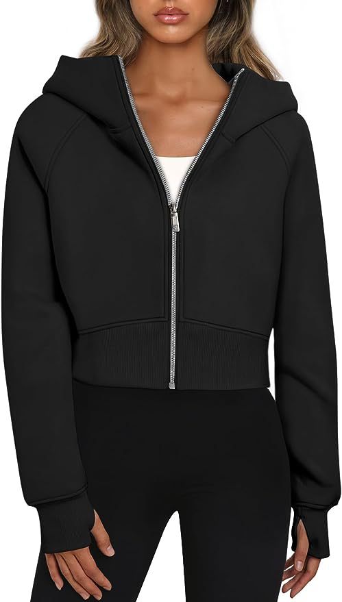 Damen Kurz geschnittener Performance-Kapuzenpullover mit durchgehendem Reißverschluss und Daumenlochbündchen Echoarchiv