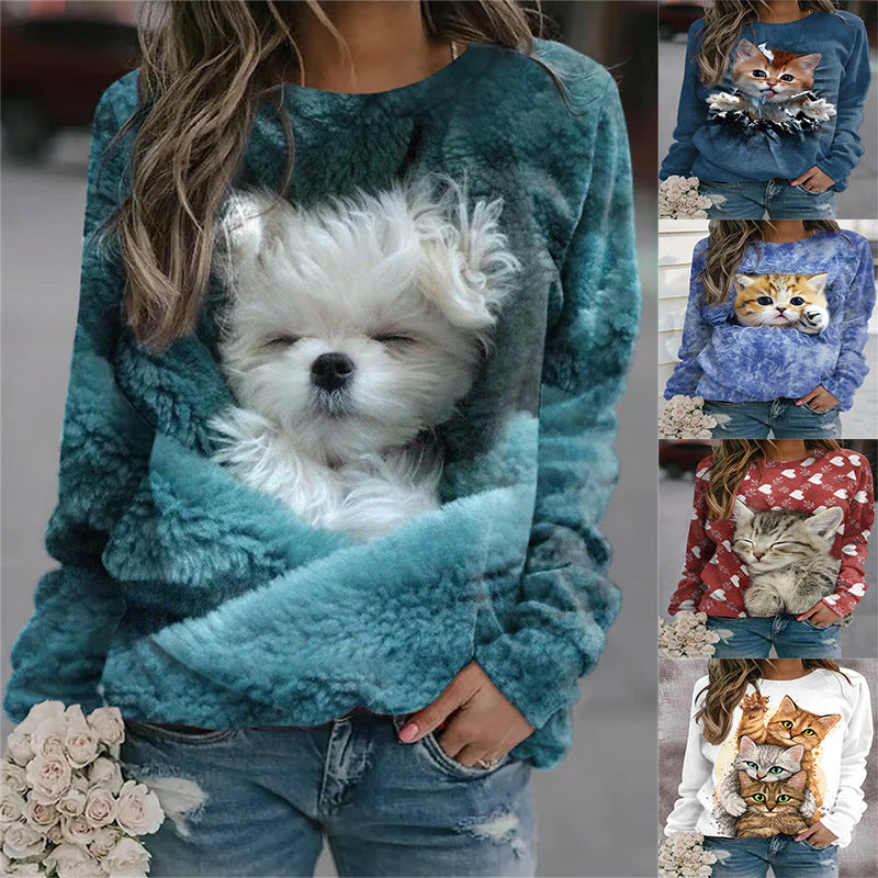 Damen Gemütlicher Übergroßer Fleece-Pullover mit Großem Welpenfoto-Print Echoarchiv