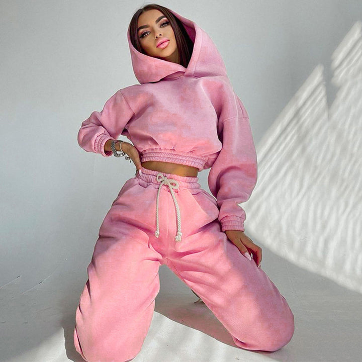 Damen nan Cropped-Hoodie-Loungewear-Set mit elastischem Rippbund, hoher Taillen-Jogginghose und dekorativem Kordelzug Echo Archiv