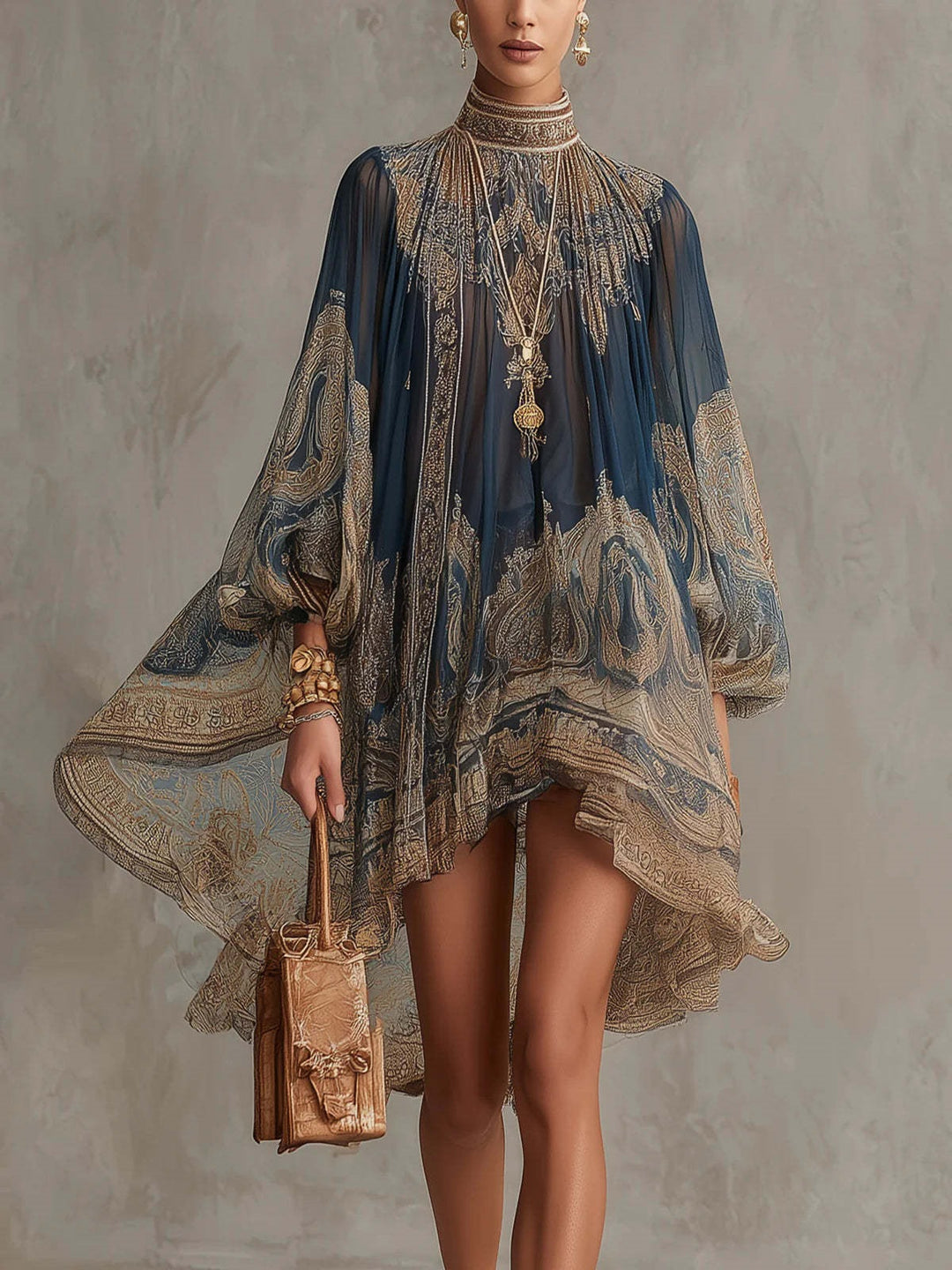 Damen Ätherisches Chiffon Tunika Kleid mit Hohem Stehkragen und Ballonärmeln – Élara