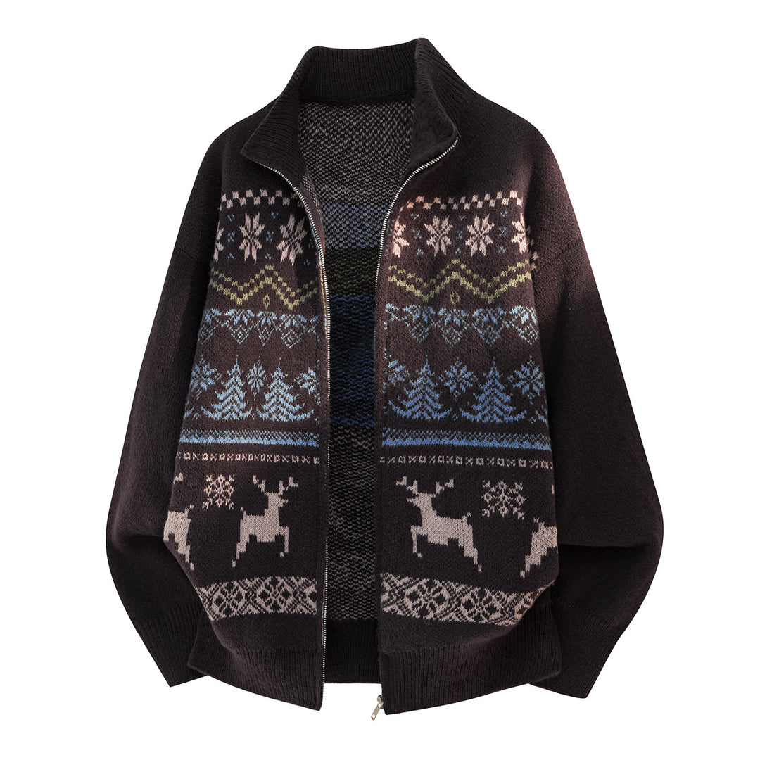 Unisex Zip-Strickjacke im Norwegerstil mit hohem Kragen und Kassettenmuster Echo Archiv