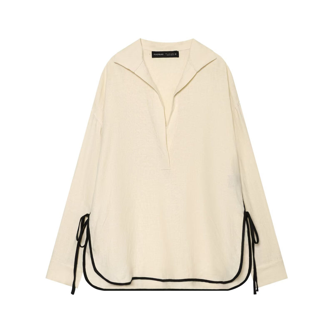 Damen Oversize Tunika-Pullover mit Polo-Kragen und seitlichen Zierbändern Echo Archiv