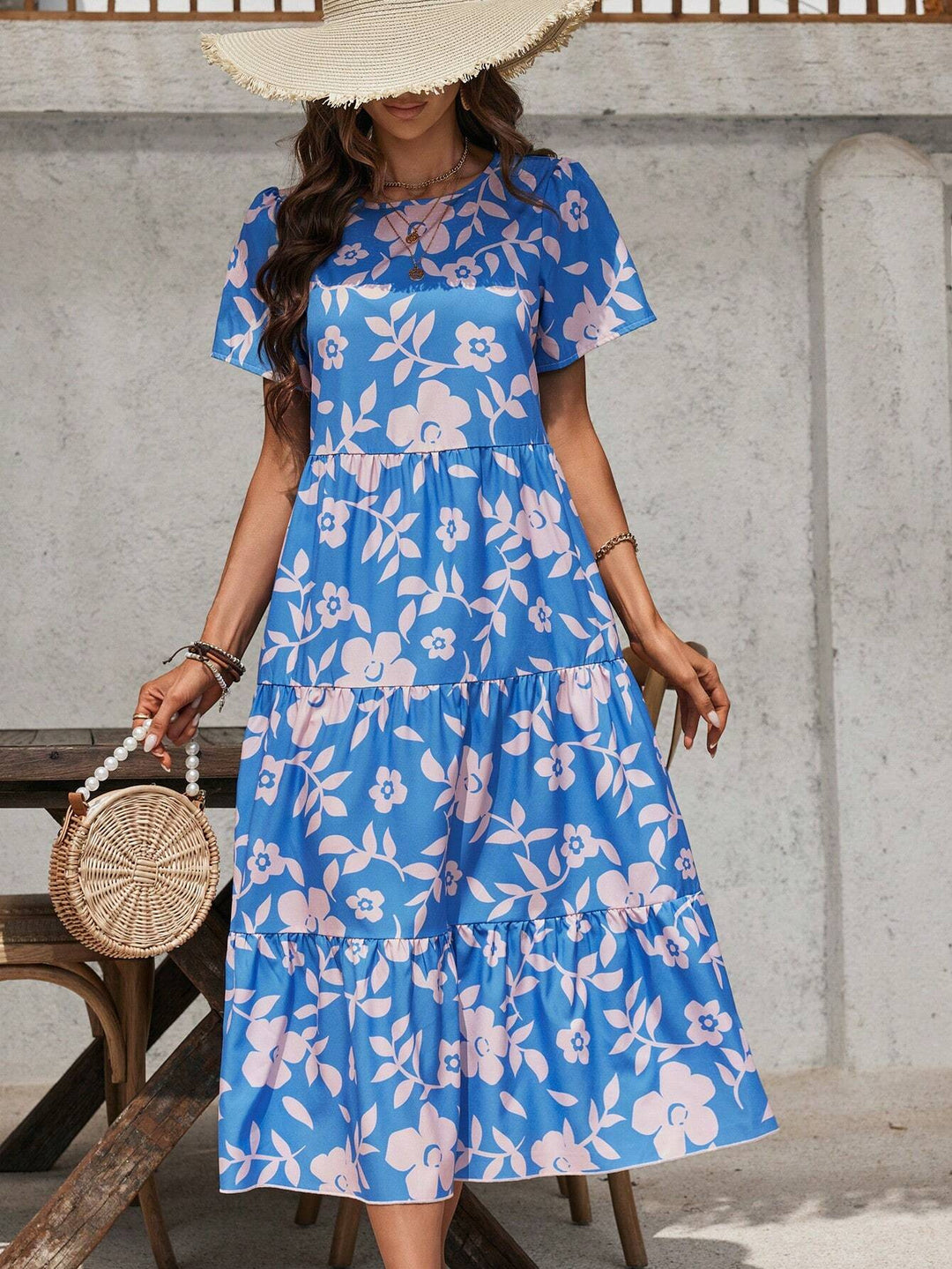 Damen nan luftiges Stufenmidikleid mit hoher Taillennaht, kurzem Ärmel und durchgehendem Blumenmuster Echo Archiv