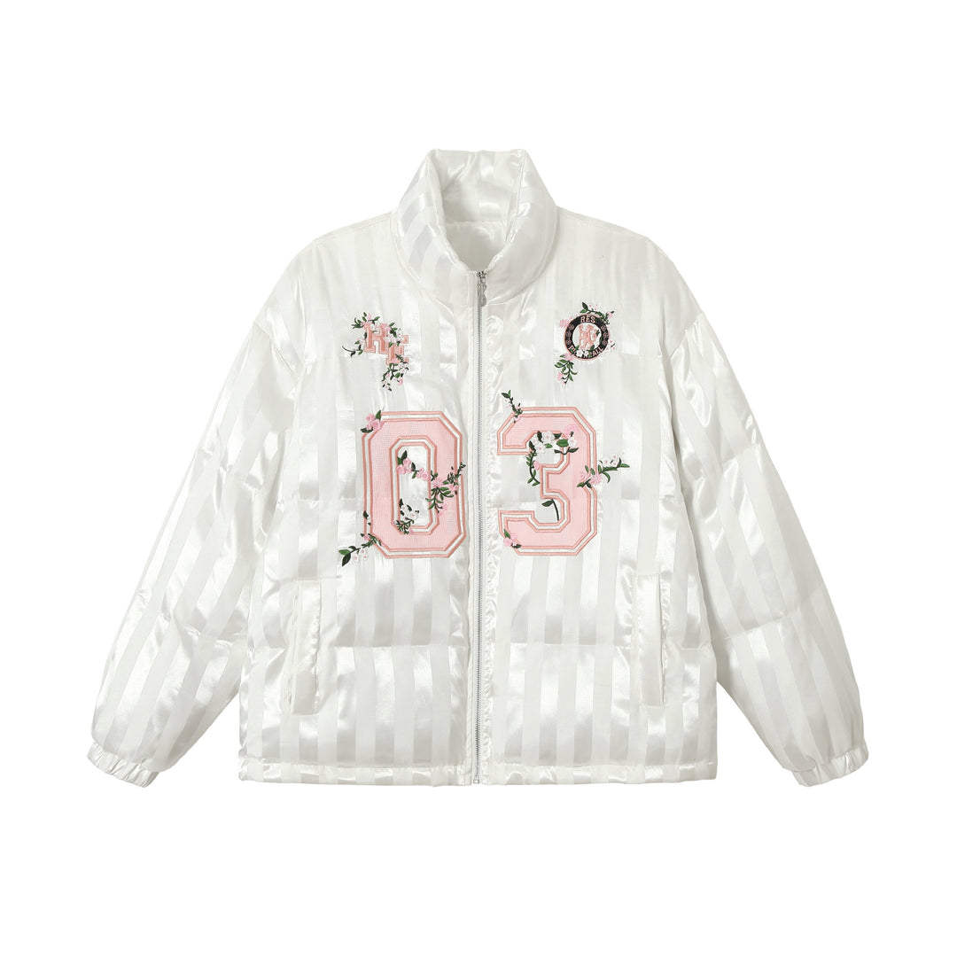 Damen Boxy gesteppte Satin‑Pufferjacke mit floralem Stickdetail Echoarchiv