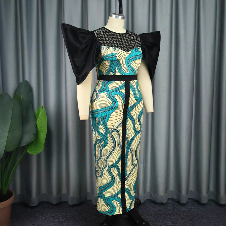 Damen Elegantes Maxikleid mit Volumenärmel und einzigartigem Muster Echo Archiv