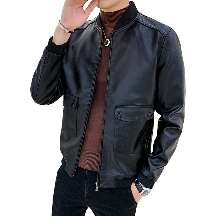 Herren Kunstleder-Bomberjacke im Aviator-Minimalstil mit Pattentaschen und Rippbündchen Echoarchiv