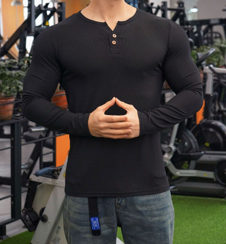 Herren Langarm Henley-Shirt mit strukturiertem Rippdesign Echoarchiv
