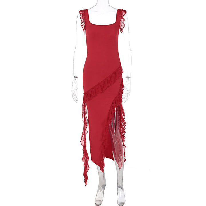 Damen asymmetrisches Maxi-Kleid mit Rüschendetails und hohem Schlitz Echo Archiv