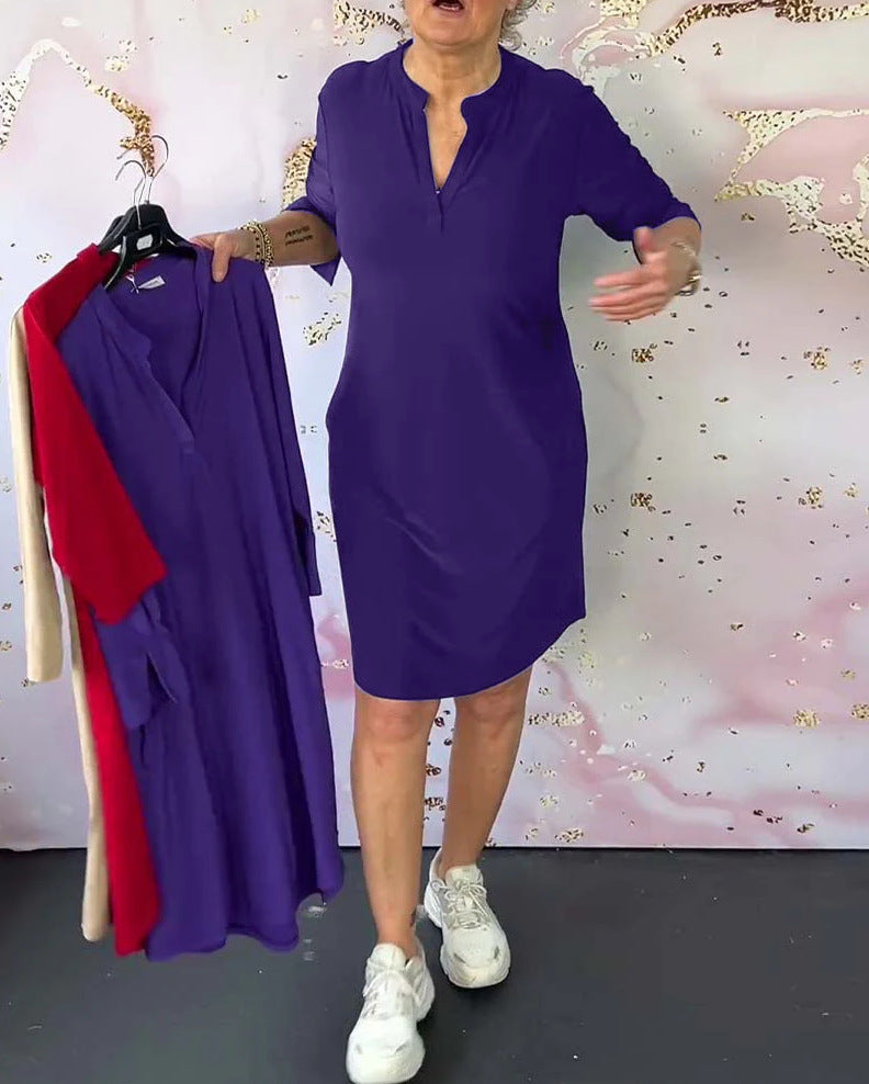 Damen nan knielanges legeres Jerseykleid mit Stehkragen und V-Ausschnitt Echo Archiv