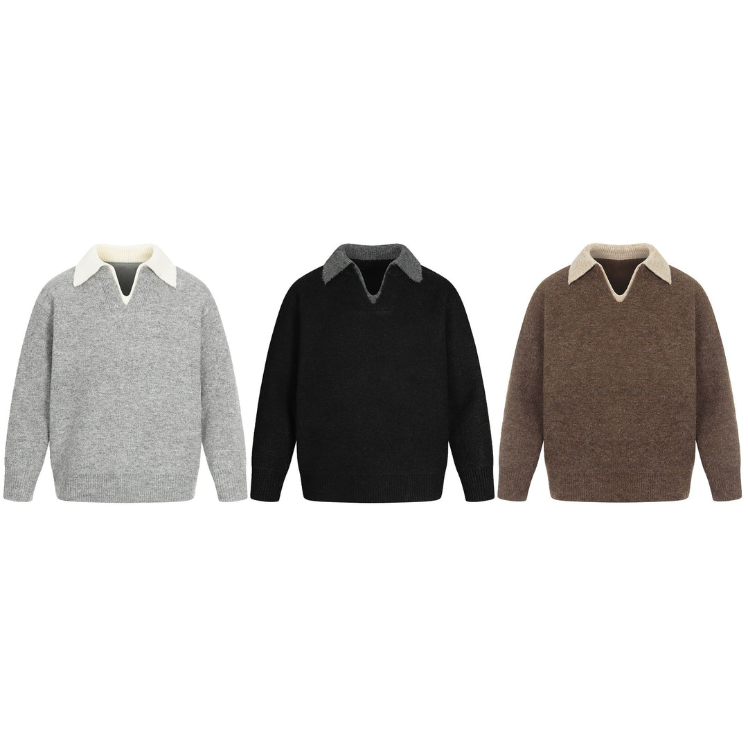 Damen Oversize Wollmix-Pullover mit kontrastpolokragen und V‑Ausschnitt Echoarchiv