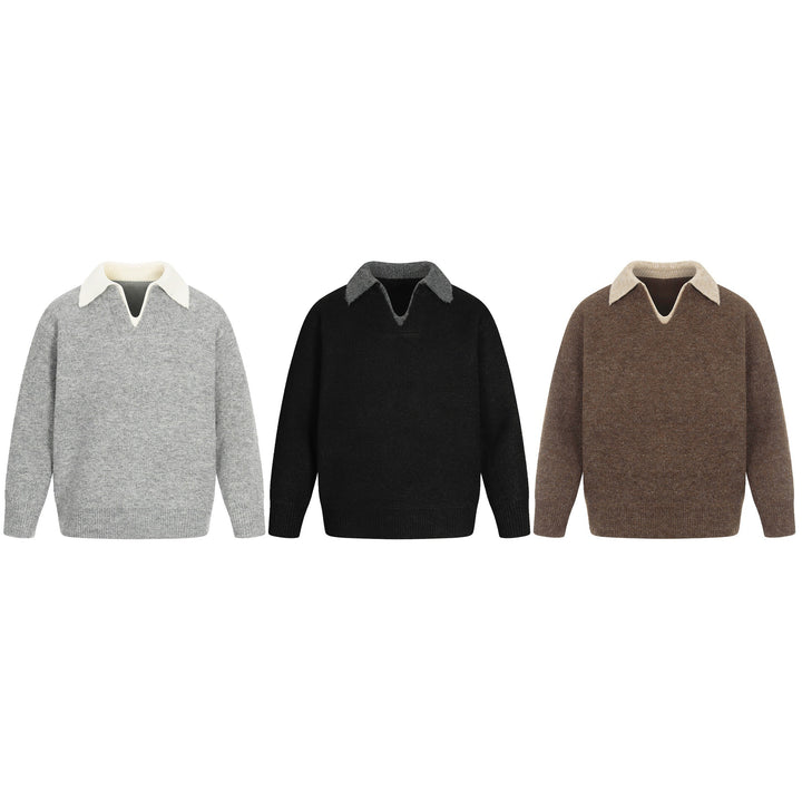 Damen Oversize Wollmix-Pullover mit kontrastpolokragen und V‑Ausschnitt Echoarchiv