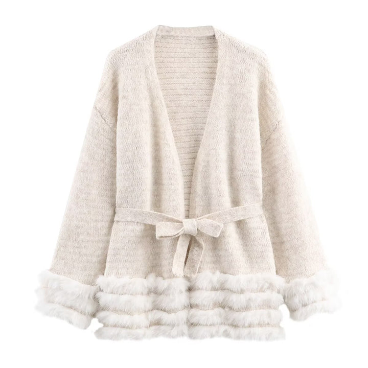 Damen Strick-Cardigan mit Bindegürtel und Faux-Fur-Besatz Echo Archiv