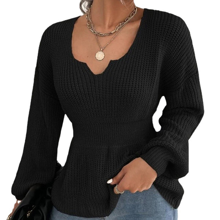 Damen Taillierter Feinstrickpullover mit eingekerbtem V-Ausschnitt, taillenbetonter Rippzone und Ballonärmeln Echo Archiv
