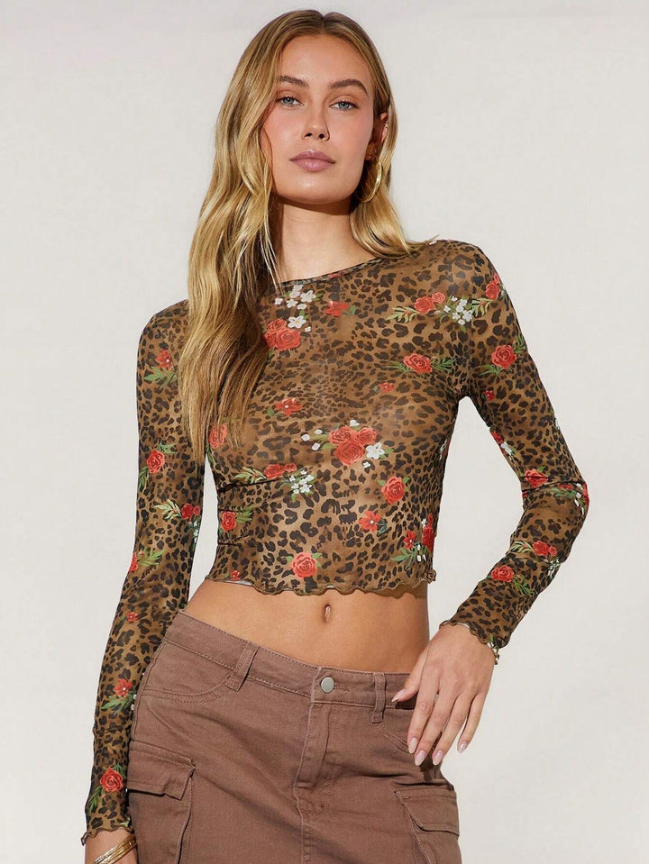 Damen nan feines Mesh-Crop-Top mit Leoparden- und Rosenprint Echo Archiv