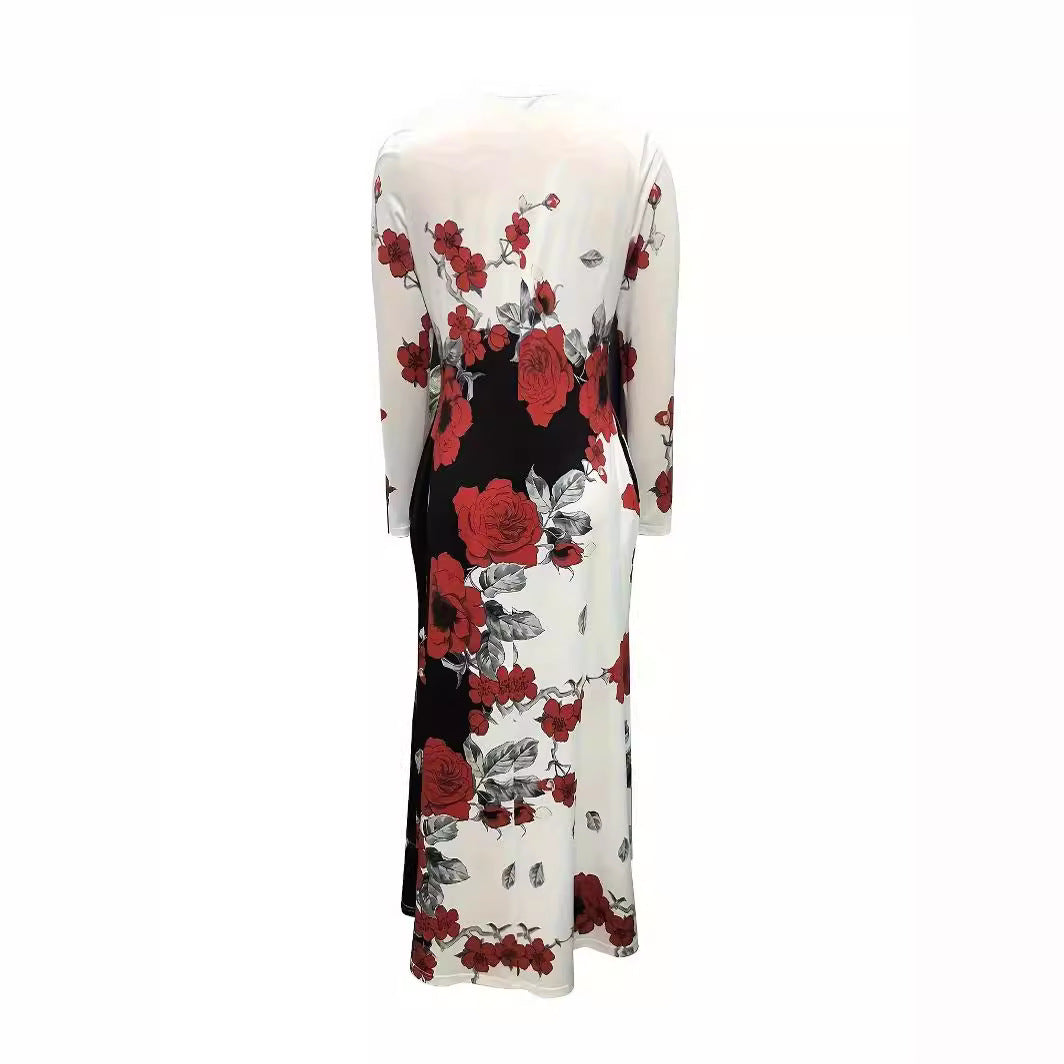 Damen Maxikleid mit floralem Allover-Print, A‑Linie, Langarm und Schlitzdetail – Valéora