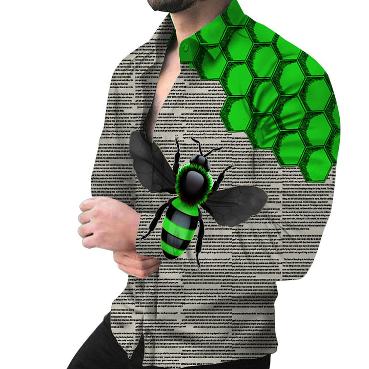 Herren Kreatives Langarmhemd mit künstlerischem Bienenmuster und strukturiertem Design Echoarchiv