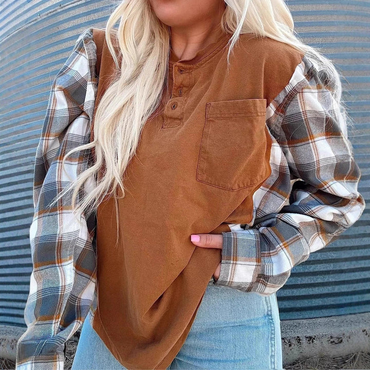 Damen nan weiter Henleypullover im Lagenlook mit karierten Ärmeln und Brusttasche Echo Archiv
