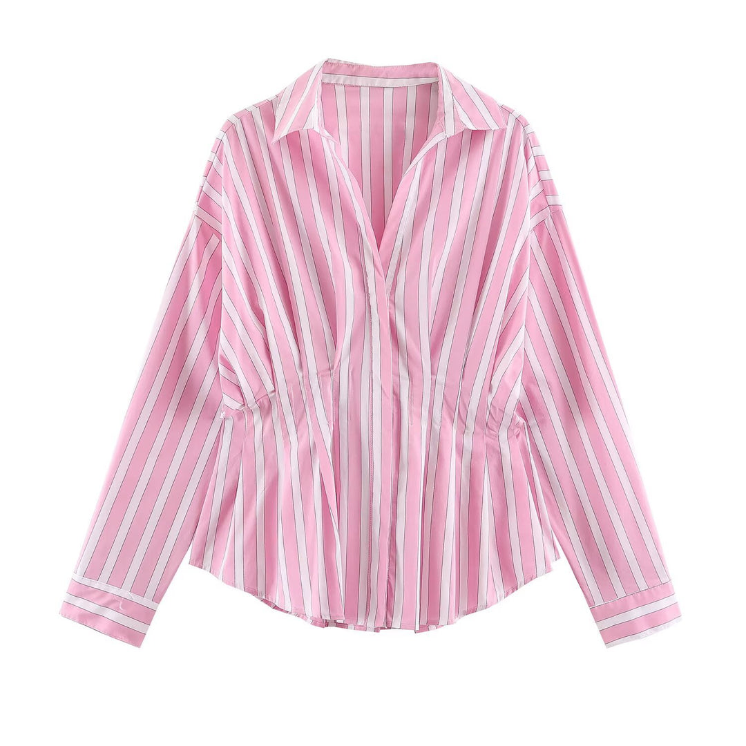Damen Gestreifte Oversize-Bluse mit taillierenden Raffungen und Hemdkragen Echoarchiv