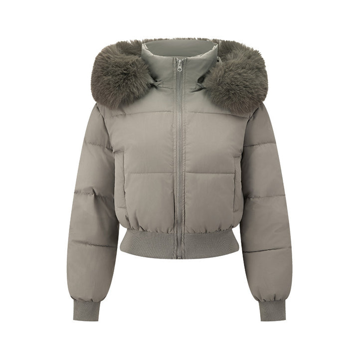 Damen Kurz‑Bomber‑Pufferjacke mit Kapuze und abnehmbarem Kunstfellkragen Echo Archiv